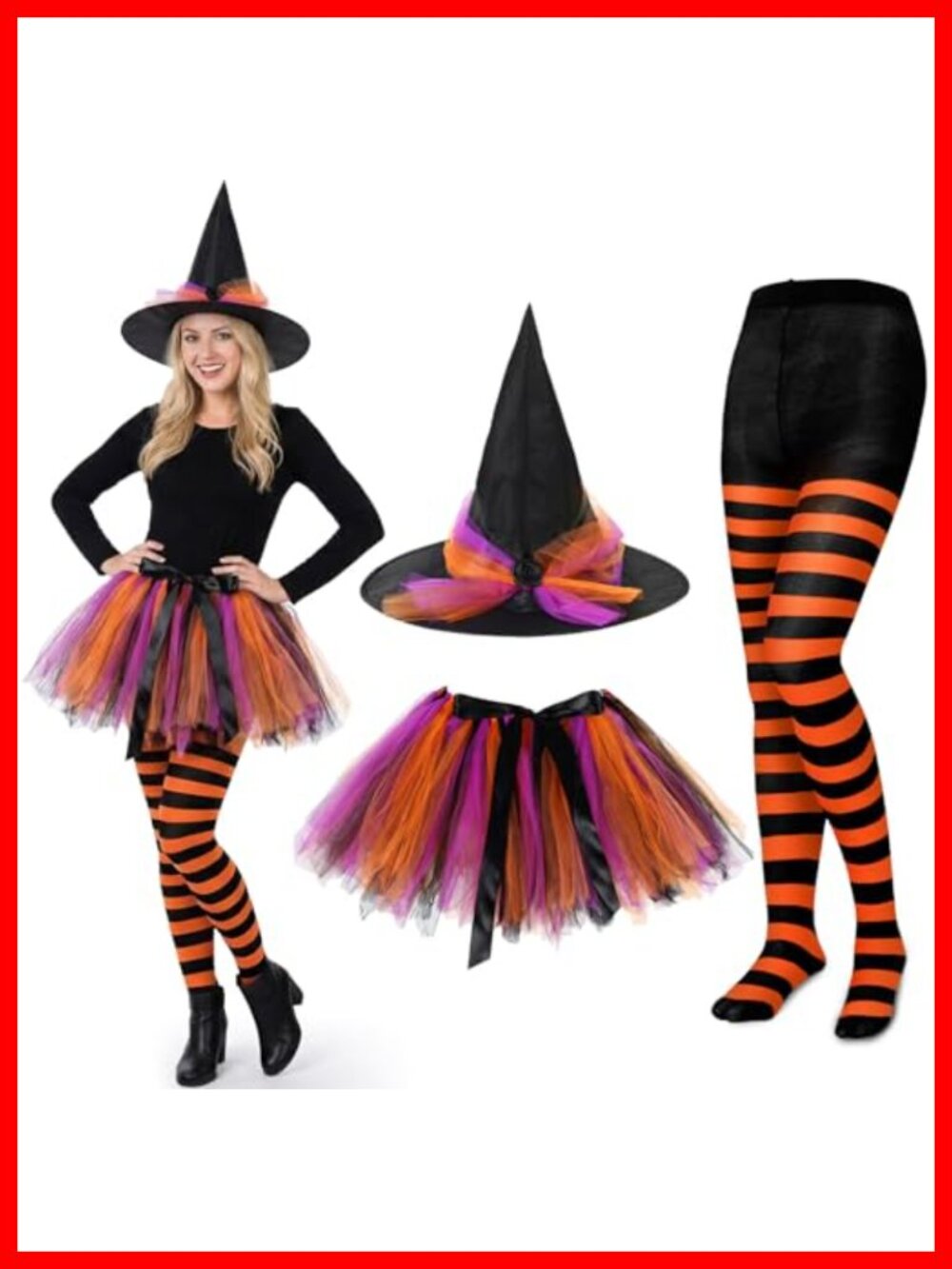 SATINIOR Halloween Witch Costume Set 3 Piece Tutu Skirt Hat Striped Tights